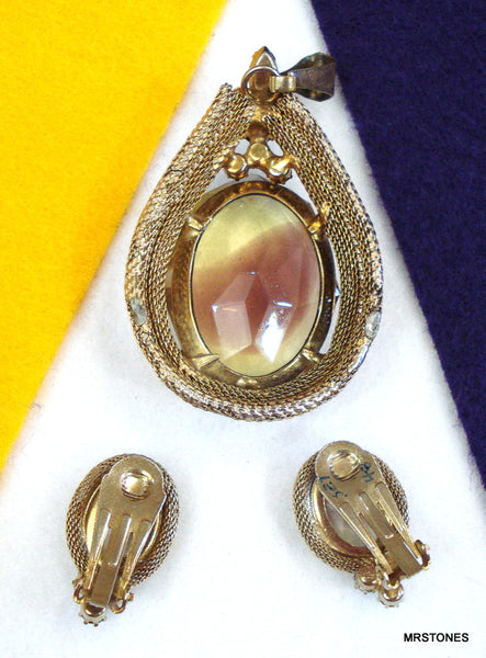 Victorian Revival Pendant Earrings Set Mesh Bi-Color AB Rhinestone