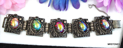 Judy Lee Unsigned Bracelet AB Oval Cabochons Leaves