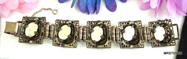 Judy Lee Unsigned Bracelet AB Oval Cabochons Leaves