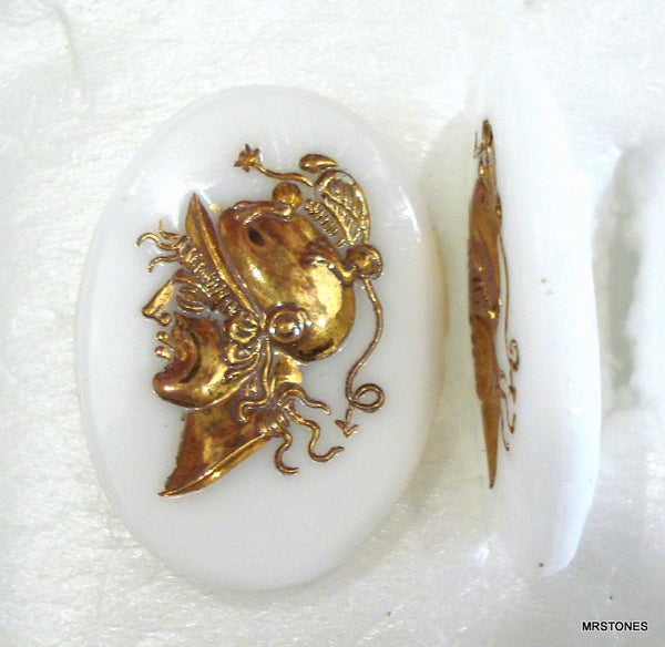 25x18mm Intaglio Oval Chalk White Golden Left Facing Warrior