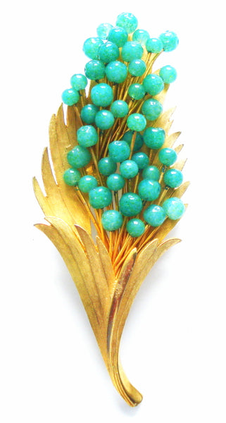 3 3/4" Brooch Flower Leaves Faux Jade Chrysophase Balls