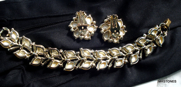Lisner Set Bracelet Earrings White Faux Pearls Crystal Rhinestones
