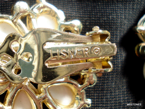 Lisner Set Bracelet Earrings White Faux Pearls Crystal Rhinestones