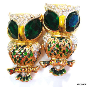 Coro Peg Duette Owls Green Rhinestones Enamel