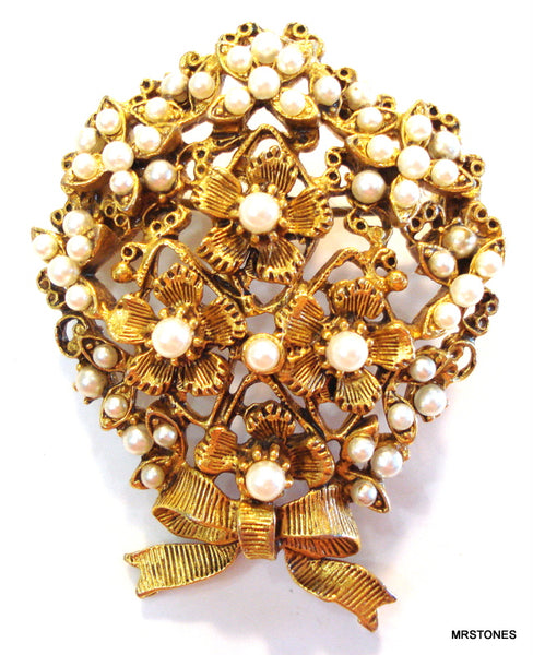 Florenza Signed Brooch Floral Wreath Faux Pearls