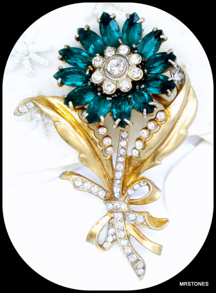 Flower Brooch Emerald Crystal Rhinestones 2 7/8"