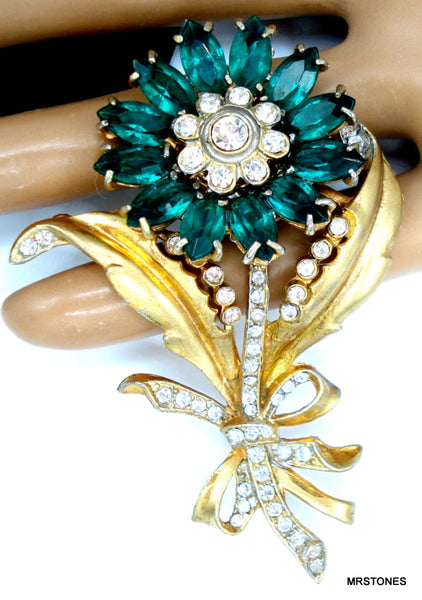 Flower Brooch Emerald Crystal Rhinestones 2 7/8"