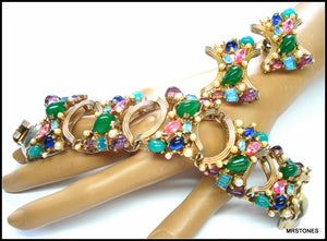 Hollycraft Unsigned Set Pastel Assorted Stones Bracelet Earrings