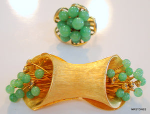 Floral Set Gold Tone Glass Green Balls Brooch and Ring