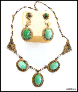 Antique Glass Chinese Jade Rhinestone Necklace Earring Set