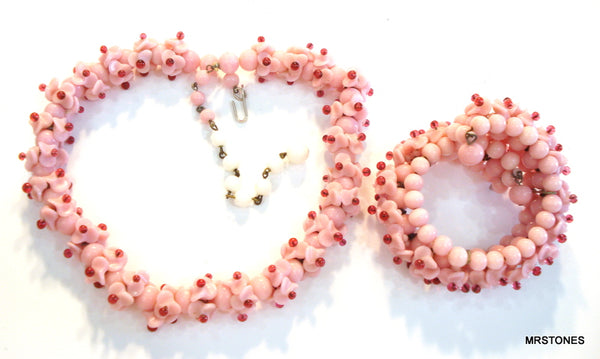 Vintage Glass Flower Bead Set Opaque Rose Pink Necklace Bracelet