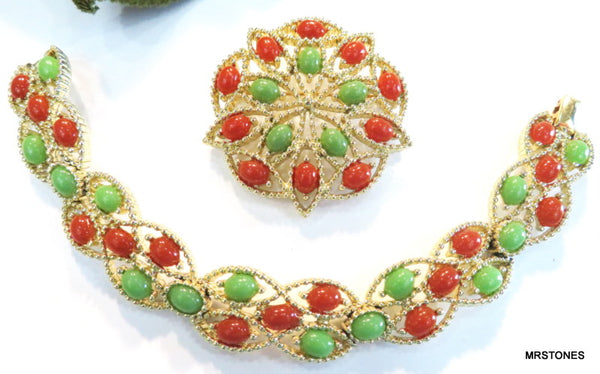 Sarah Coventry Set Faux Jade Cornelian Brooch Bracelet