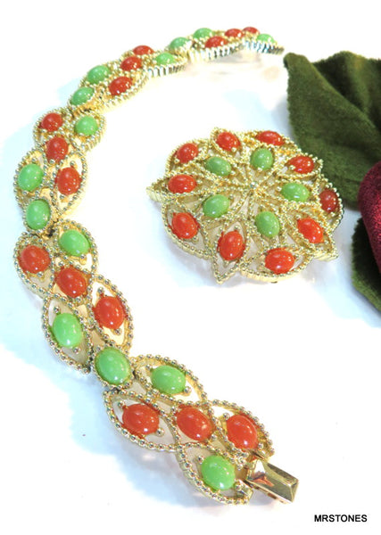 Sarah Coventry Set Faux Jade Cornelian Brooch Bracelet