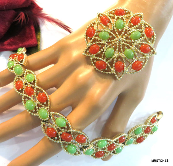 Sarah Coventry Set Faux Jade Cornelian Brooch Bracelet