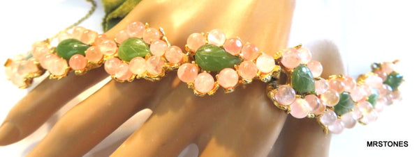 Swoboda Bracelet Nephrite Leaves Rose Quartz Balls